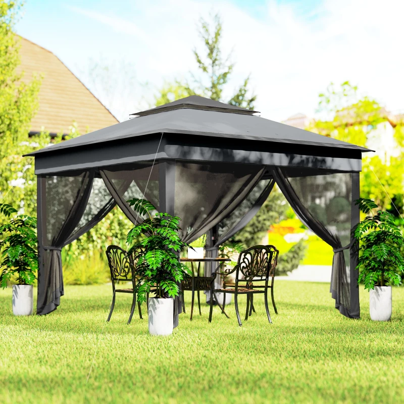 Outsunny 10.7 x 10.7ft Pop Up Gazebo, Adjustable Instant Sun Shelter with UV30+ Roof Cover, Removable Mesh Curtains, Dark Grey