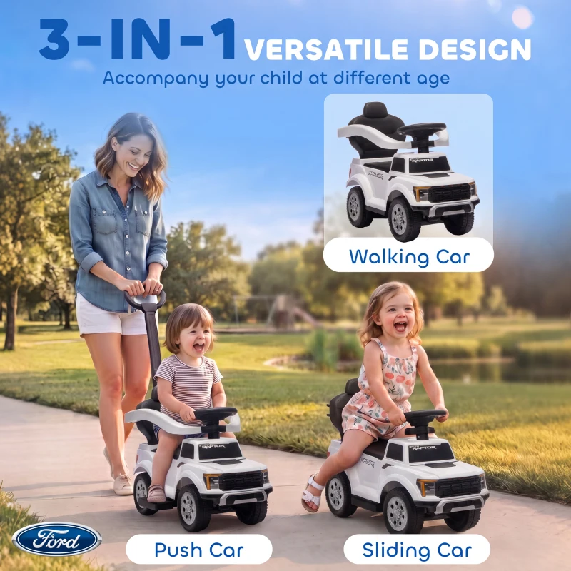 Qaba 3 In 1 Licensed Ford Kids Push Car with Push Handle, Horn, Sound, Secure Bar, Storage, for Toddlers 18-36 Months, White