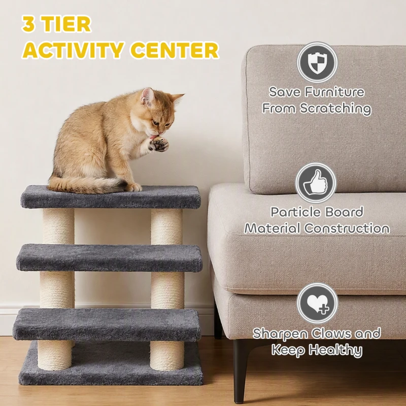 PawHut Cat Trees 3 Tier Pet Stairs Dog Cat 3 Steps Kitty Scratching Post Cat Scratch Furniture Dark Grey