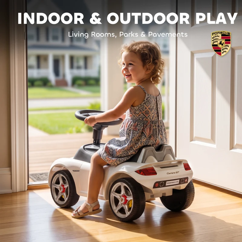 Qaba Toddler Push Car with Horn, Lights, Start-Up Sound, Ride on Car with Steering Wheel, Foot Rest, for 18-36 Months, White