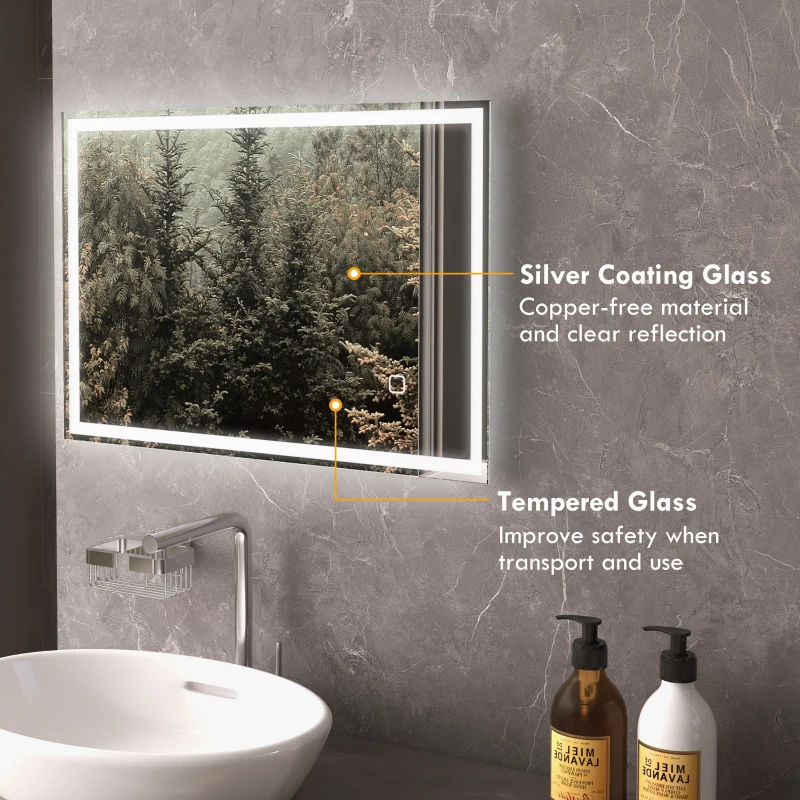 HOMCOM 28" x 20" Bathroom Mirror with LED Lights, Dimmable Makeup Mirror, Vanity Mirror with 3 Colors, Smart Touch, Anti-Fog