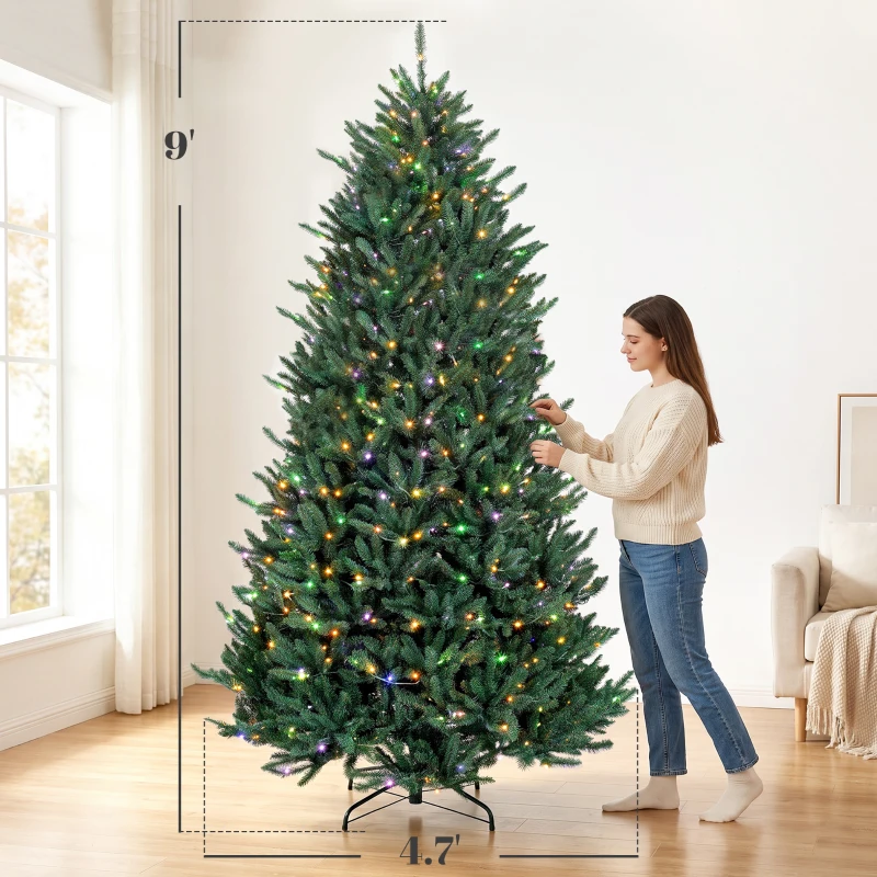 HOMCOM 9ft Prelit Christmas Tree, Colorado Blue Spruce, Easy Plug, Hinged Xmas Tree with Warm White & Multi-Color LED Lights