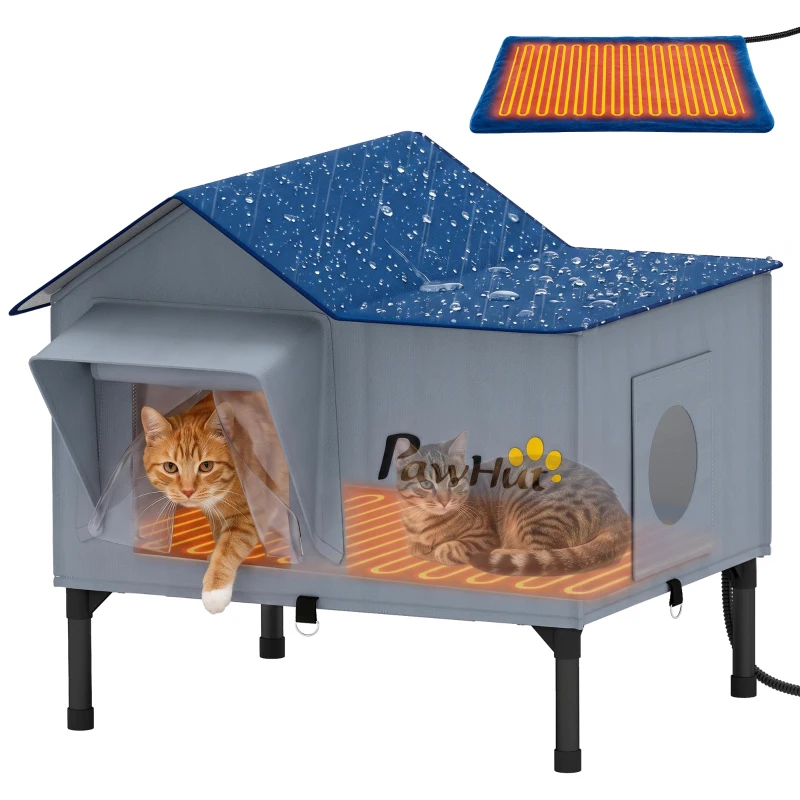 PawHut Heated Cat House Weatherproof with Heating Pad, Elevated Base, Safe Escape Door, for Stray, Barn Cats