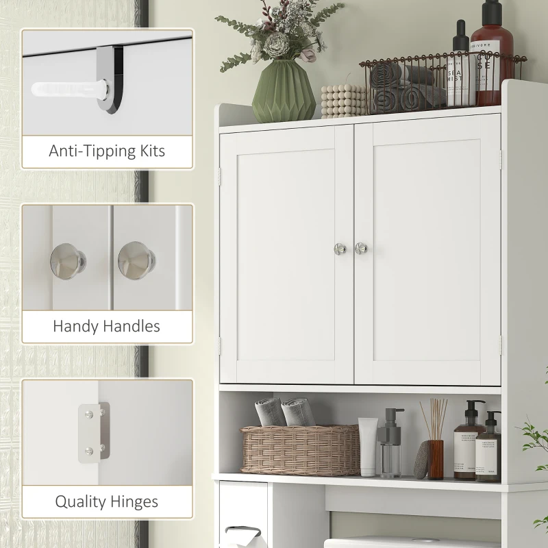 HOMCOM Modern Over The Toilet Storage Shelf with 2 Doors, Above Commode Storage Cabinet with Toilet Paper Holder, White