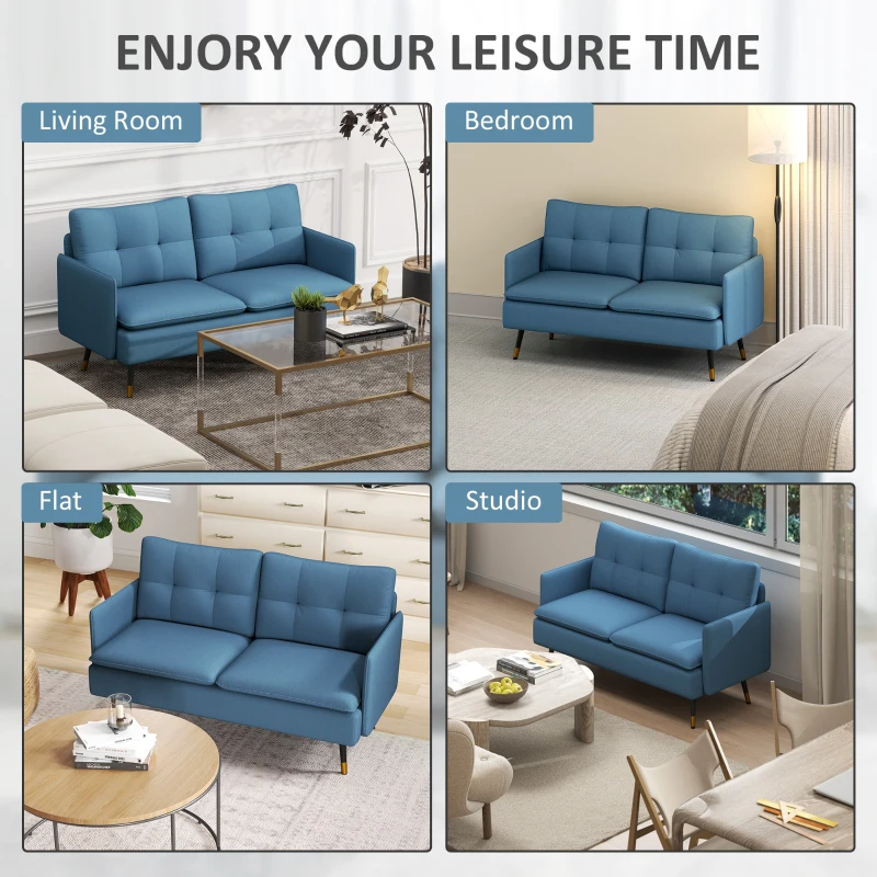 HOMCOM 55" Loveseat Sofa, Linen Love Seat w/ S spring, Steel Legs and Button Tufting, Small Couch for Living Room, Dark Blue