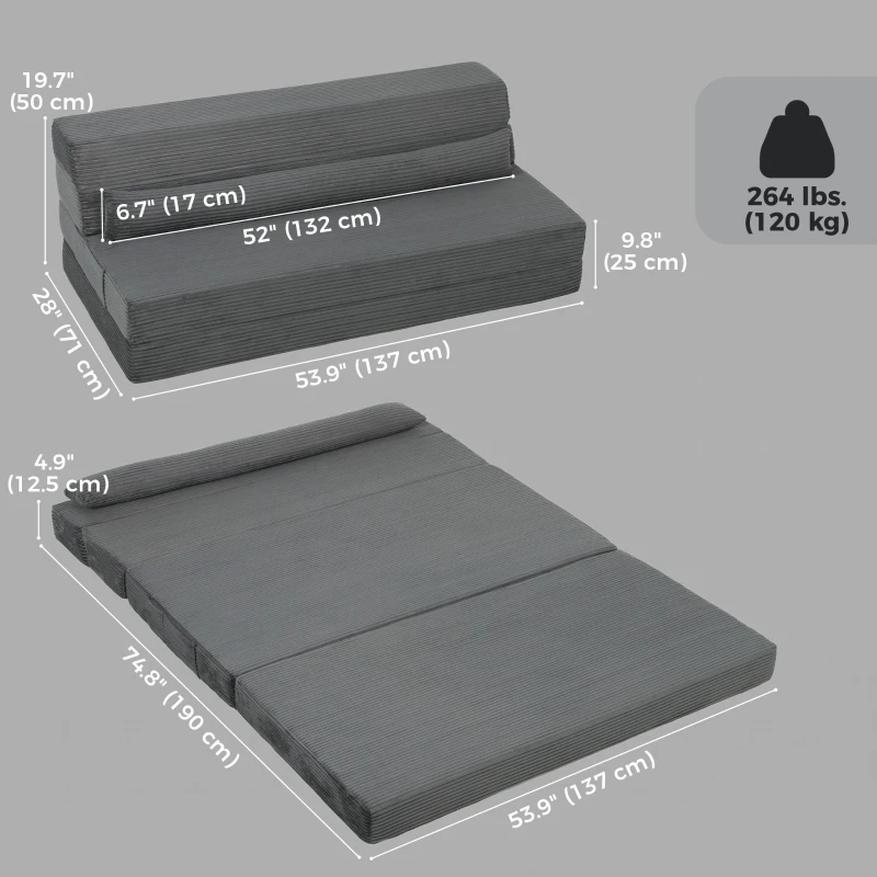 HOMCOM Floor Chair with Back Support Four-Fold Floor Gaming Chair Side Pockets Pillow Floor Seat Sofa Bed, Dark Grey