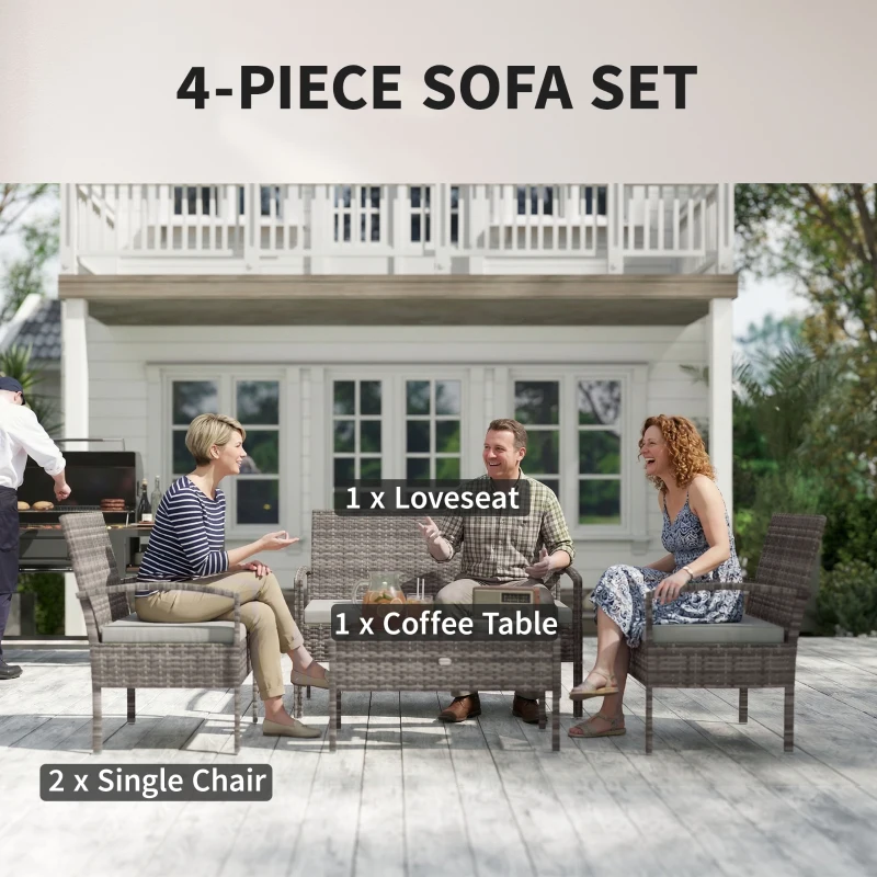 Outsunny 4 Pieces Patio Furniture Set with A Loveseat, Two Armchairs and A Coffee Table, Outdoor Conversation Set, Light Grey