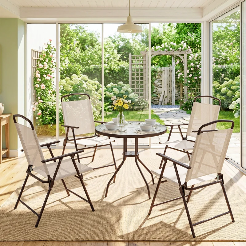 Outsunny 6 Piece Patio Dining Set for 4 with Umbrella, Outdoor Table and Chairs with 4 Folding Dining Chairs & Round Glass Table for Garden, Backyard and Poolside, Beige