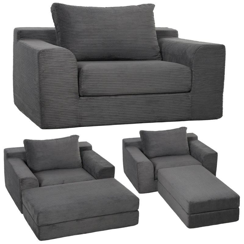 HOMCOM 51" Chair Bed, Corduroy Upholstered Sleeper Chair with Pillow, Dark Grey