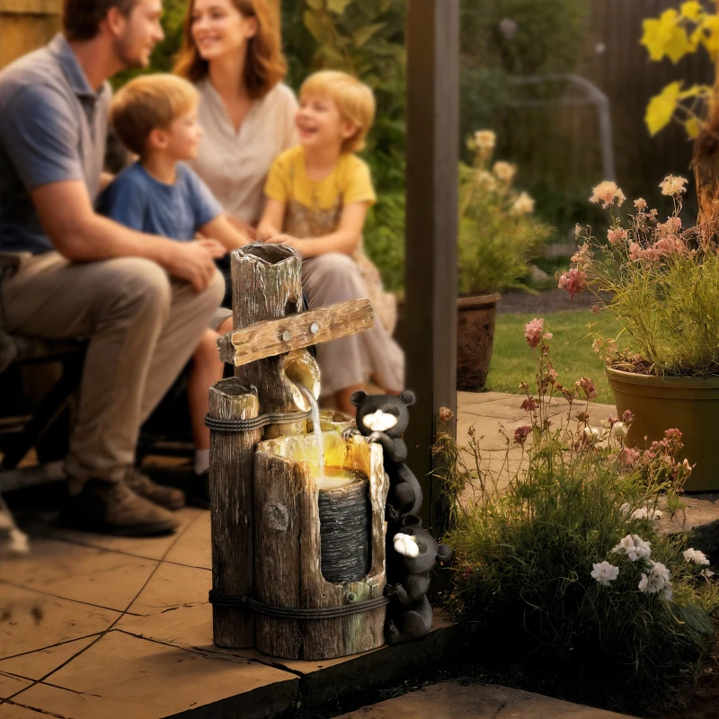 Outsunny 22.8" Water Fountain, 3-Tier Resin Bears on Log Outdoor Waterfall Fountain with LED Lights, Pump