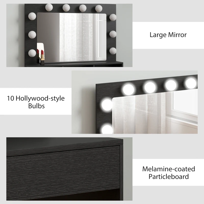HOMCOM Vanity Table, Makeup Dressing Table with LED Lighting Mirror, Charging Station and Drawers for Bedroom, Black