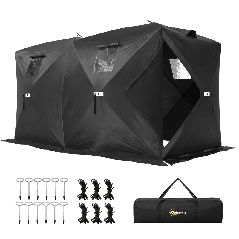 Outsunny 4 Person Pop-Up Ice Fishing Tent, Portable Ice Fishing Shelter With 4 Detachable Windows, Black