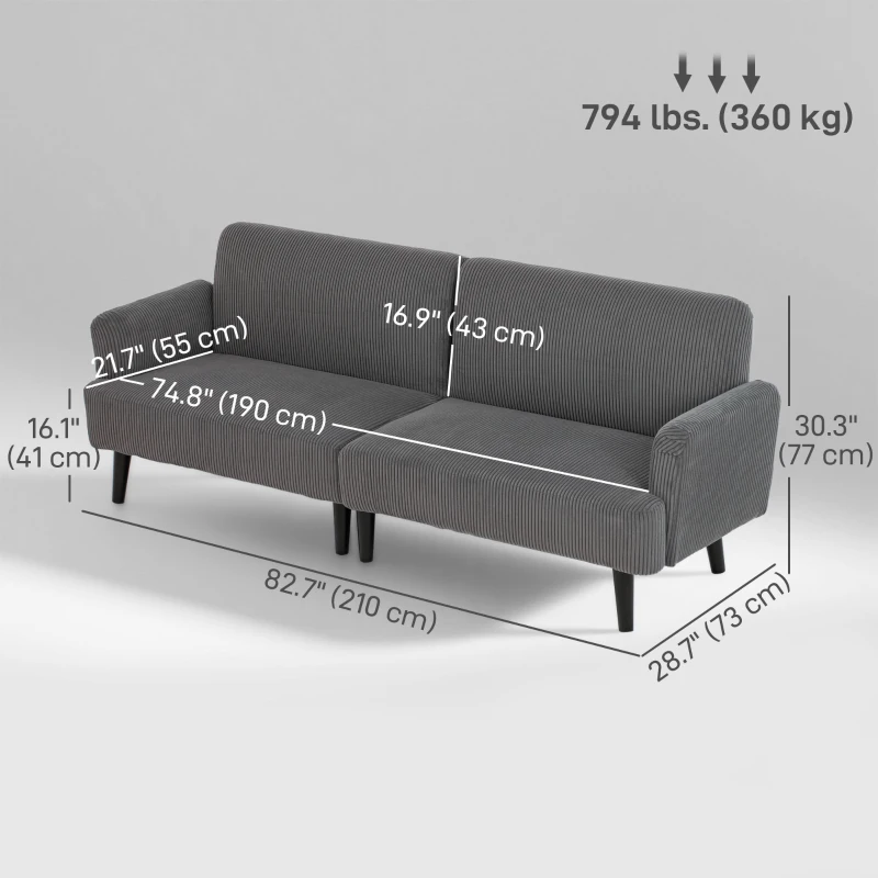 HOMCOM Modern Couch, 3 Seater Sofa, Corduroy Loveseat with Rubberwood Legs and Extra-Wide Seat, Grey