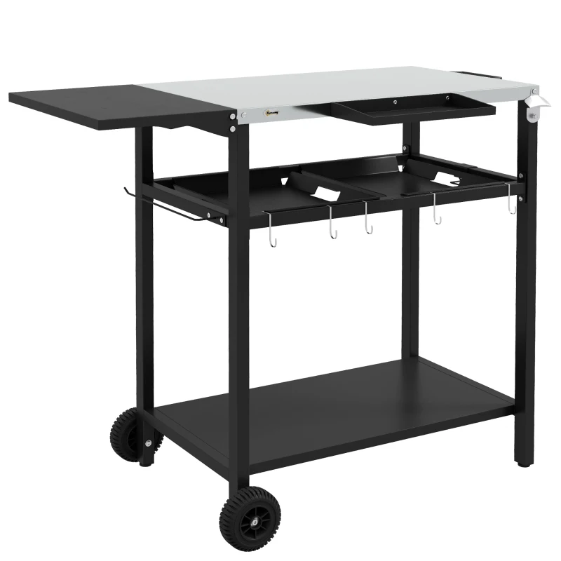 Outsunny 2-Tier Shelf Outdoor Bar Cart, Stainless Steel Tabletop Patio Serving Cart with Accessories for Poolside, Garden, Black