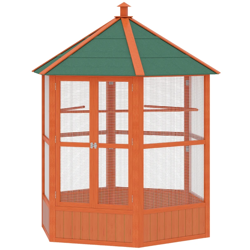 PawHut 69" Wooden Hexagonal Outdoor Aviary Flight Bird Cage With Covered Roof, Brown(m-11)