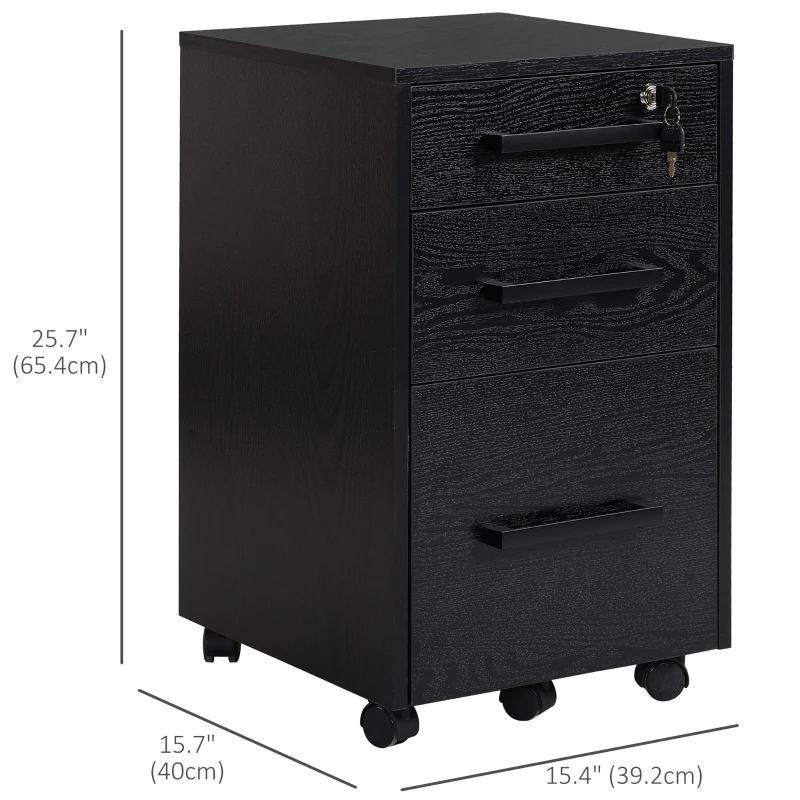 HOMCOM Lockable Vertical File Cabinet with Lock, 3 Drawer Filing Cabinet with Hanging Bars for Letter and A4 Size, Black