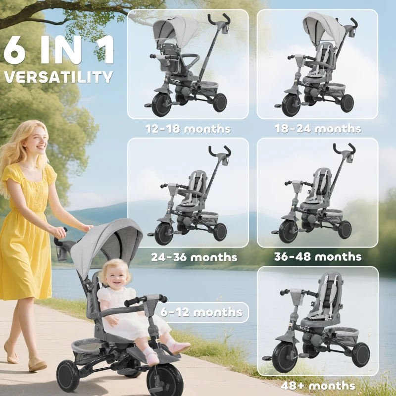 Qaba 6 in 1 Kids Tricycle with Adjustable Push Handle, Removable Canopy, Reversible Seat, for 1-5 Years, Gray