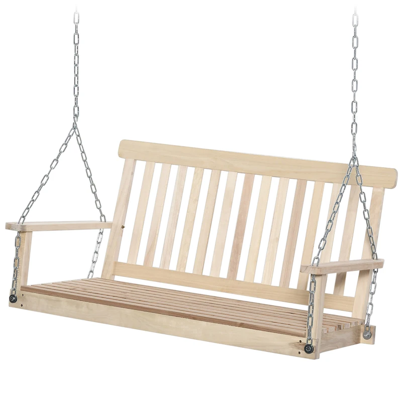 Outsunny 2 Person Wooden Porch Swing, Patio Swing Chair with Hanging Chains, Slatted Back & Seat, Outdoor Swing Bench for Garden, Backyard, Deck, Natural