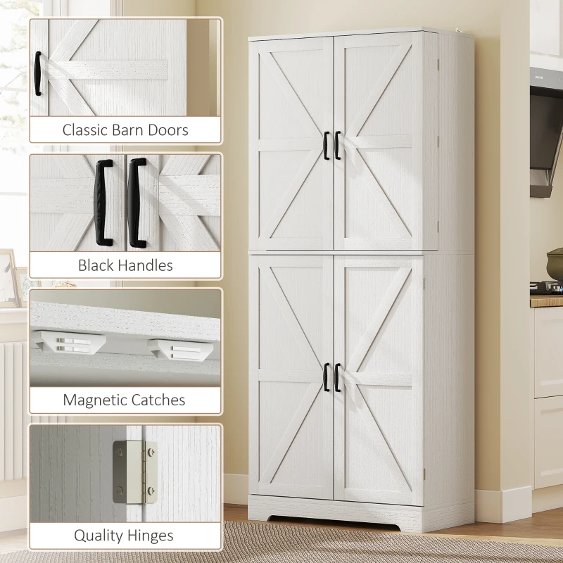 HOMCOM Farmhouse Kitchen Pantry, 72" Tall Pantry Cabinet with 4 Barn Doors, 4 Adjustable Shelves and 8 Door Shelves, White