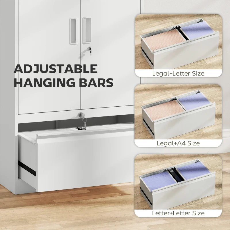 HOMCOM Lateral Filing Cabinet, Metal Storage Cabinet, Garage Cabinet with Double Locks, Adjustable Shelf and File Drawer, White