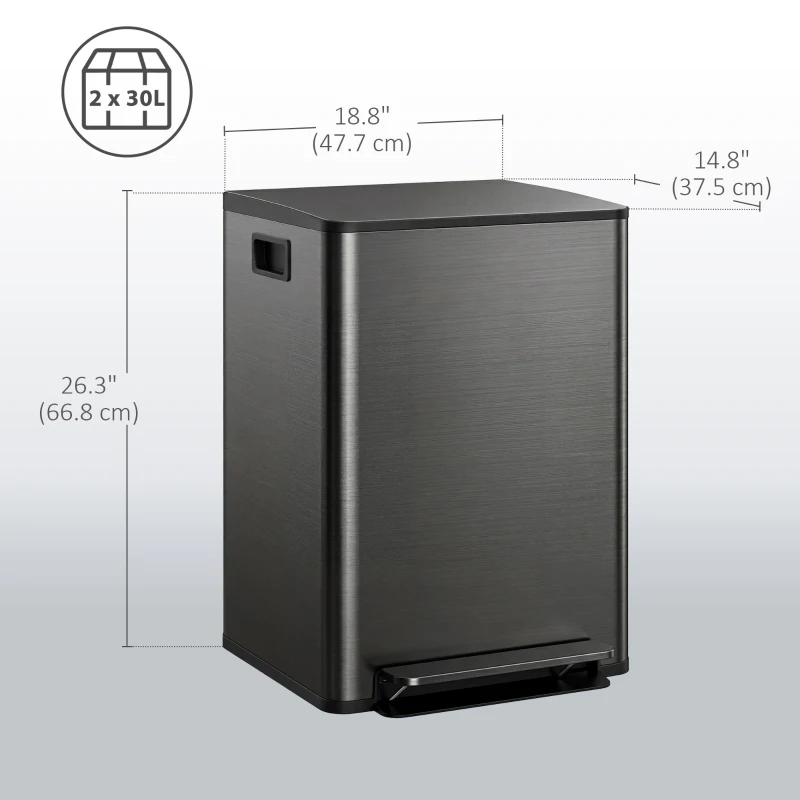 HOMCOM 2 x 30L / 7.9 Gallon Dual Trash Can with Removable Inner Buckets and Handles for Kitchen, Office, High-Gloss Black