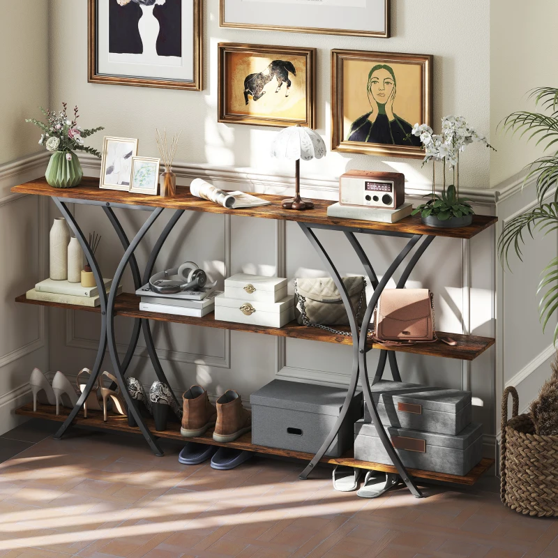 HOMCOM 71" Console Table, 3-Tier Industrial Entryway Table with 2 Storage Shelves for Living Room, Hallway, Rustic Brown
