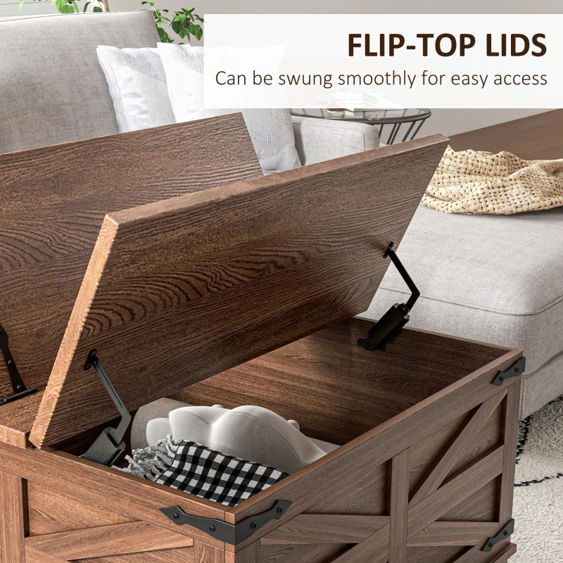 HOMCOM Farmhouse Coffee Table, Square Center Table with Flip-top Lids, Hidden Storage Compartment, Distressed Brown