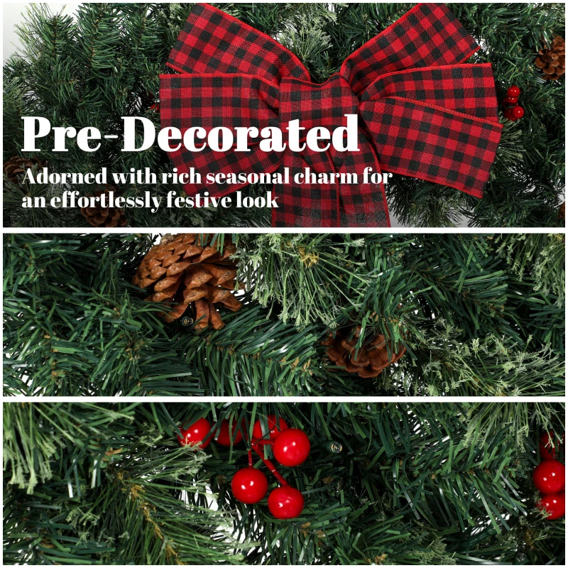 HOMCOM 36" Prelit Crestwood Spruce Artificial Christmas Wreath, Christmas Decor with Bow, 8 Modes, Red Berries, Pinecones