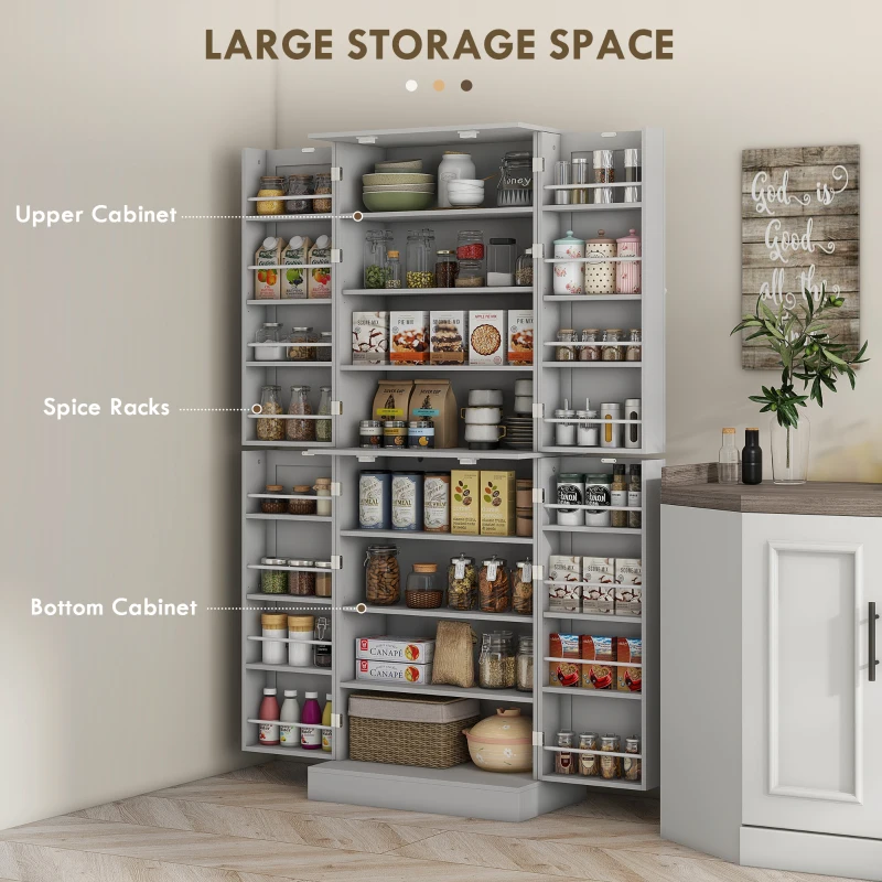 HOMCOM 65" Kitchen Cabinet, Kitchen Pantry Cabinet with 4 Doors and 16 Door Shelves for Dining Room, Grey