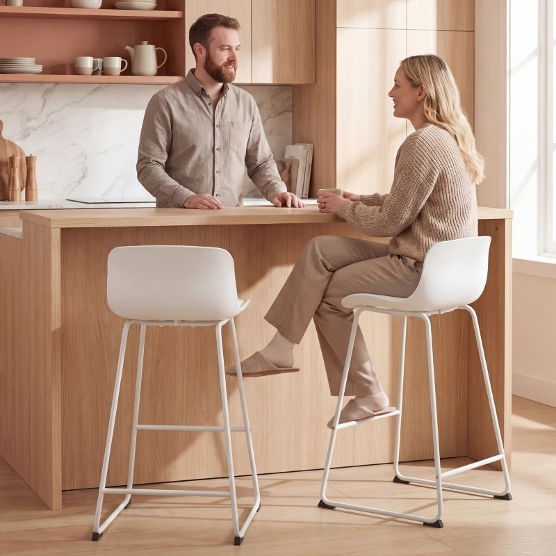 HOMCOM Modern Bar Stools Set of 2, PU Leather Barstools, Counter Height Kitchen Chairs for Breakfast Bars, Dining Room, White