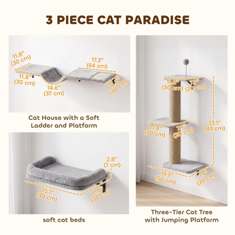 PawHut Cat Wall Shelves, 3-in-1 Wall-Mounted Cat Climber Set w/ Bed, Platforms, Hammock, Scratching Posts and Spring Ball