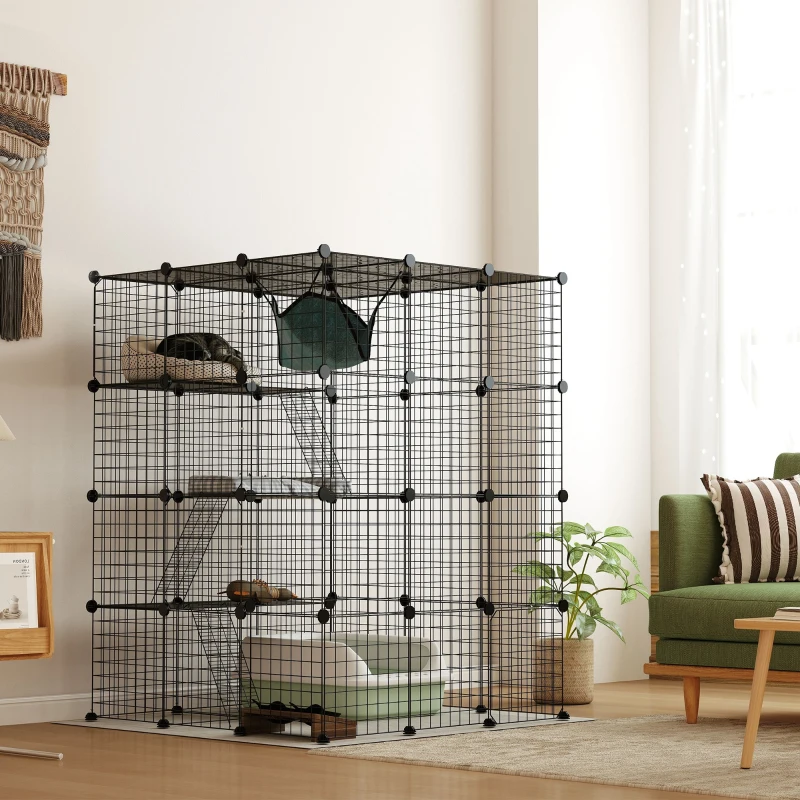 PawHut DIY 4 Tier Cat Cage Indoor with Hammock, Ramps, Jumping Platforms, Doors, Cat Enclosure for 1-3 Cats, 3 x 3 x 4, Black