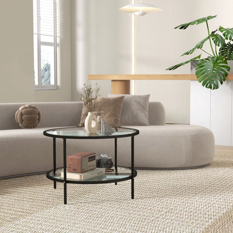 HOMCOM 2-Tier Round Side Table, Sofa End Table for Living Room, Small Accent Table with Tempered Glass Top and Steel Frame