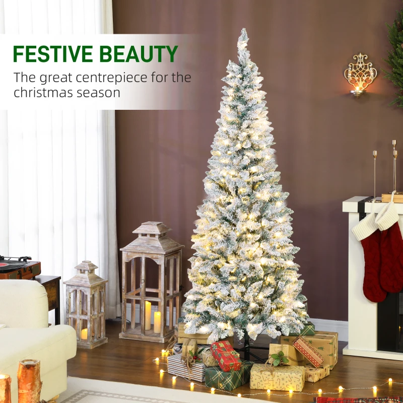 HOMCOM 6ft Flocked Christmas Tree with Dual Colour LED Light, Pencil Hinged Xmas Tree with 11 Light Modes, Easy Assembly