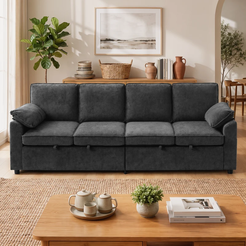 HOMCOM Sectional Sofa Bed, Double Pullout Sleeper Sofa Couch, Chenille Fabric, Dark Grey