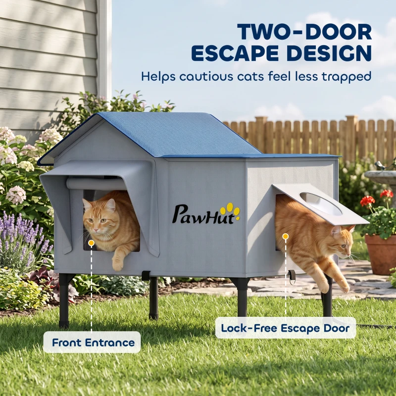 PawHut Heated Cat House Weatherproof with Heating Pad, Elevated Base, Safe Escape Door, for Stray, Barn Cats