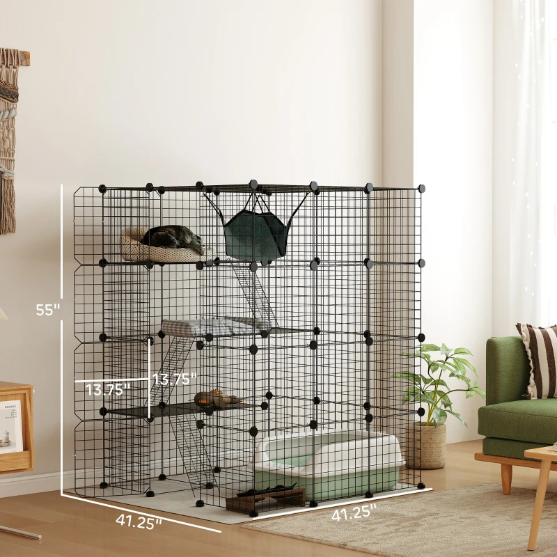 PawHut DIY 4 Tier Cat Cage Indoor with Hammock, Ramps, Jumping Platforms, Doors, Cat Enclosure for 1-3 Cats, 3 x 3 x 4, Black