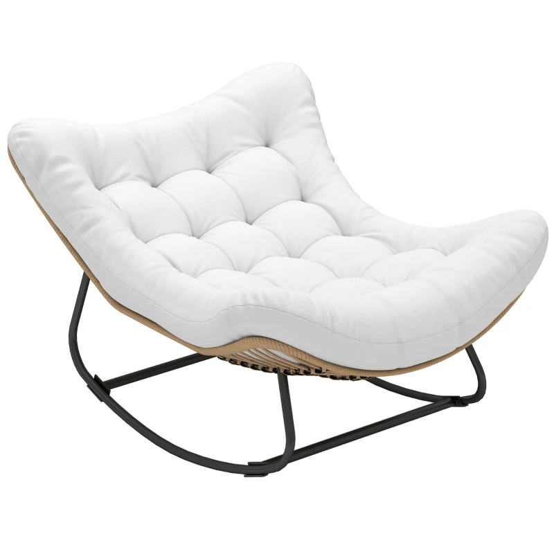 Outsunny Oversized Rattan Patio Egg Chair, Outdoor Rocking Chair with Padded Cushion for Indoor, Porch, Cream White