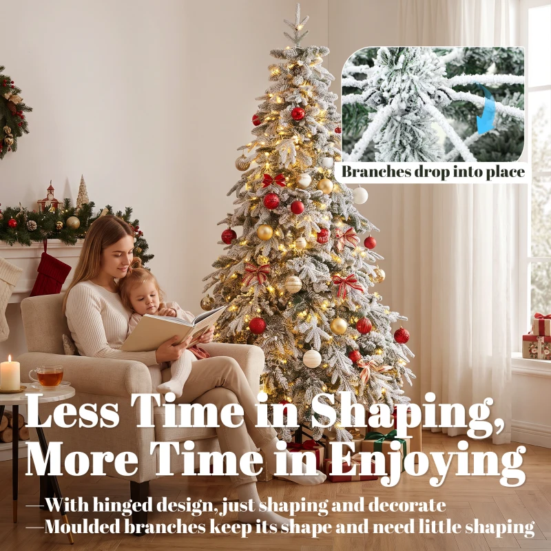 HOMCOM 7ft Prelit Flocked Christmas Tree, Downswept Hinged Xmas Tree with LED Lights, 8 Modes, Daily Timer, Remote