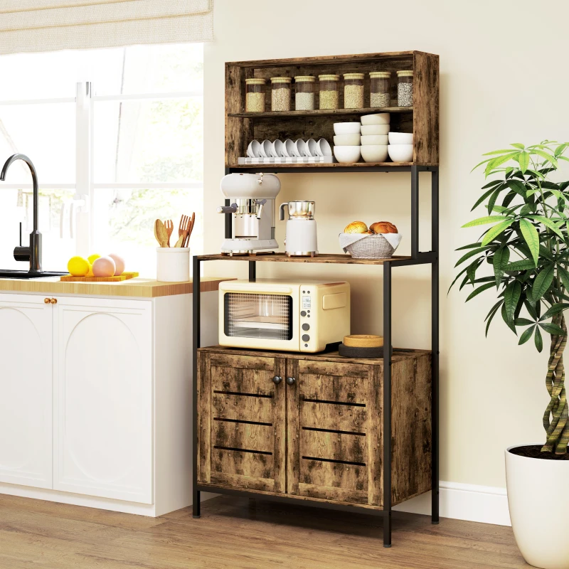 HOMCOM Baker's Rack with Power Outlet and Storage Shelves, Microwave Stand with Louvred Door Cabinets, Rustic Brown