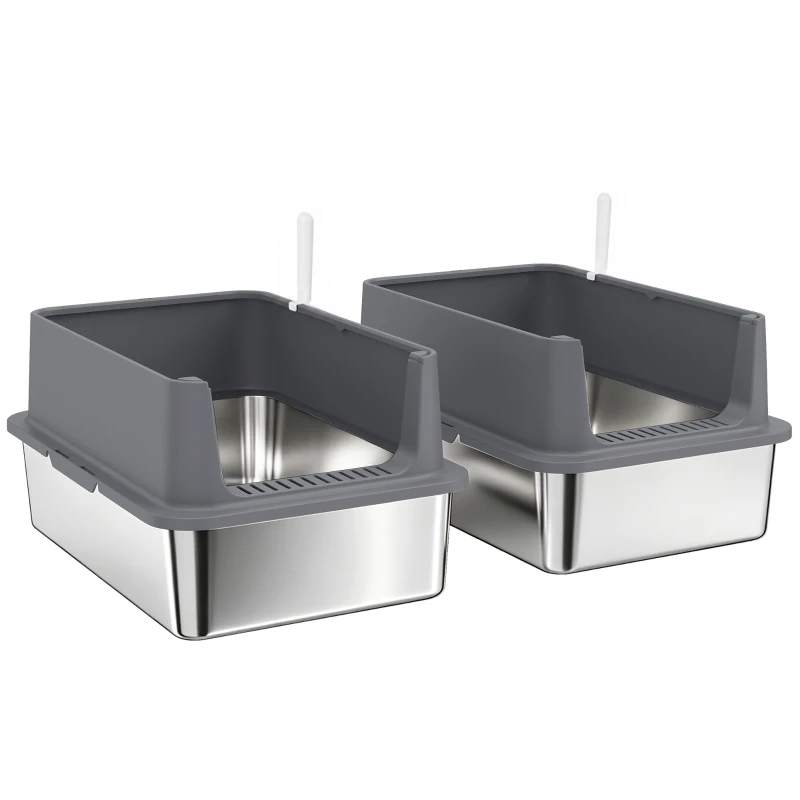 PawHut 2 Pack XL Stainless Steel Litter Box with Scoops, High Sided, for Big and Multiple Cats, Anti-Urine Leakage