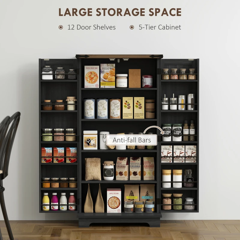 HOMCOM 47" Kitchen Pantry Storage Cabinet, Farmhouse Kitchen Pantry Cabinet with Adjustable Shelves and Door Shelves, Black