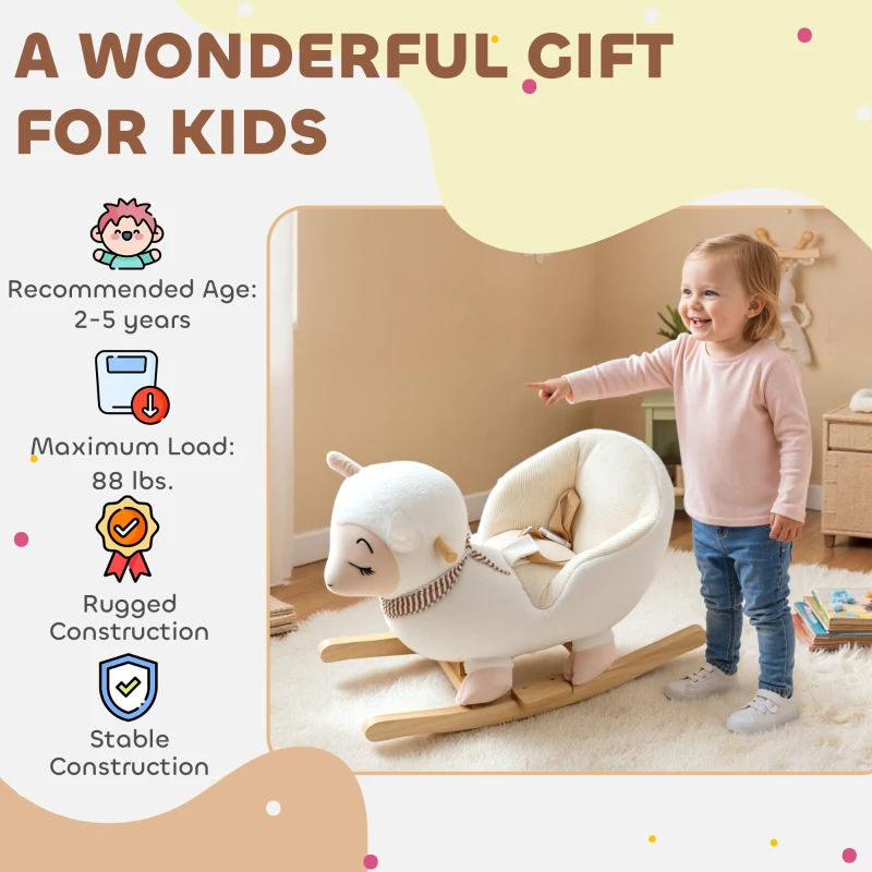 Qaba Baby Rocking Horse, Sheep Rocking Horse with Lullaby Song for Toddlers 18–36 Months, White