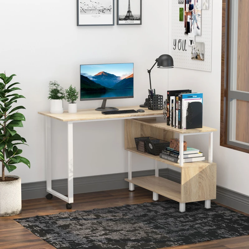 HOMCOM Mobile L-Shaped Rotating Computer Desk with Storage Shelves Moveable Rolling Writing Table Home Office Study Workstation for Home Office, Oak