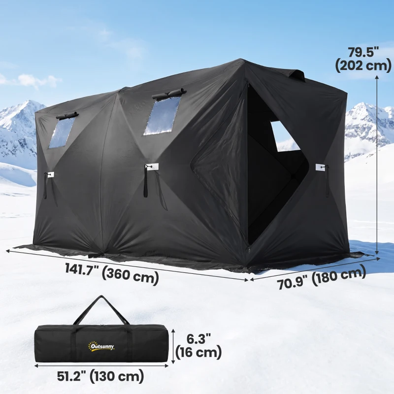Outsunny 4 Person Pop-Up Ice Fishing Tent, Portable Ice Fishing Shelter With 4 Detachable Windows, Black