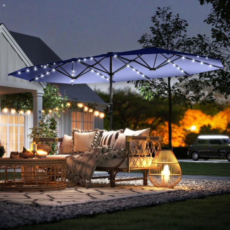 Outsunny Garden Parasol, Double-Sided Sun Umbrella with LED Solar Lights, Patio Parasol for Outdoor, Navy Blue
