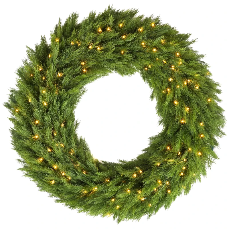 HOMCOM Christmas Decoration, 48 in Pre-Lit Norwegian Spruce Artificial Christmas Wreath with 150 LED Lights, Green