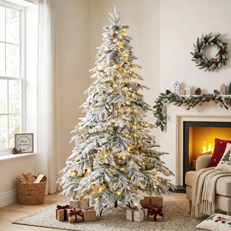 HOMCOM 7ft Prelit Flocked Christmas Tree, Downswept Hinged Xmas Tree with LED Lights, 8 Modes, Daily Timer, Remote