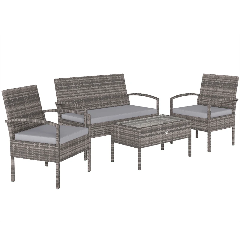 Outsunny 4 Pieces Patio Furniture Set with A Loveseat, Two Armchairs and A Coffee Table, Outdoor Conversation Set, Light Grey