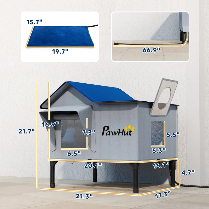 PawHut Heated Cat House Weatherproof with Heating Pad, Elevated Base, Safe Escape Door, for Stray, Barn Cats